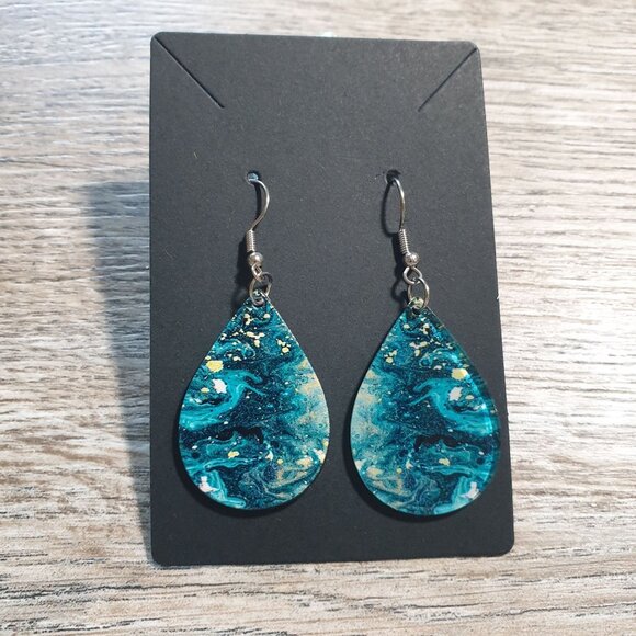 Teardrop Dangle Earrings Abstract Blue Gold Star Galaxy Boho Marble Design - Picture 1 of 4